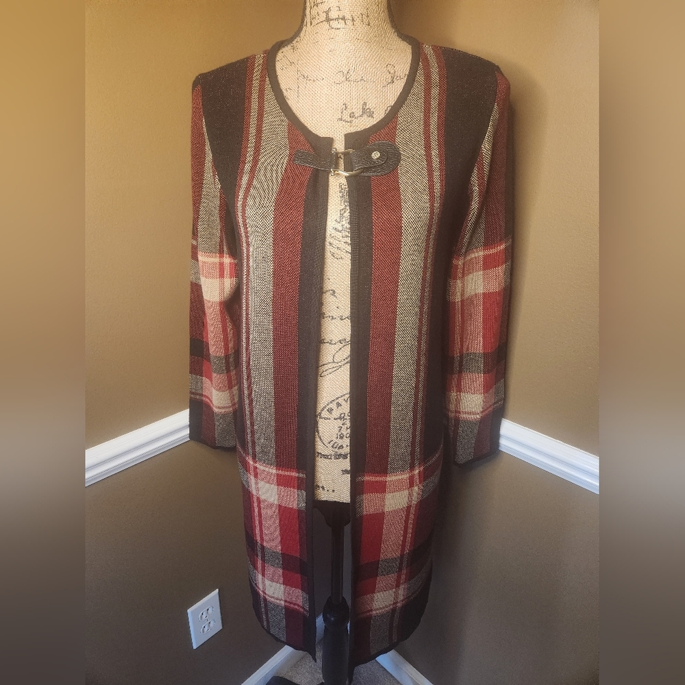 NWT‎ Anne Klein Red Plaid Cloak Cardigan Small